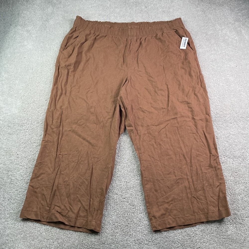 NEW Old Navy Pants Womens XXL Brown Linen Blend Elastic Waist Cropped Wide Leg